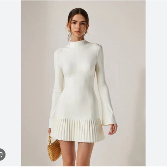 Commense Dresses & Skirts - Commense Pleated Hem Long Sleeve White Mock Neck Dress Bride Party Cocktail NWT